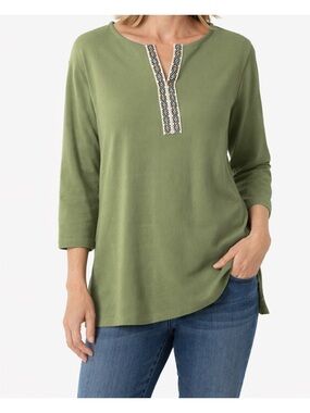 Women's Olive Split-Neck Tunic with Embroidered Placket